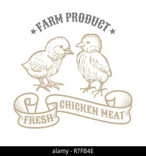 Vintage golden und königliche Emblem von Nutztieren isoliert. Frisch und lecker Hühnerfleisch. Metzgerei Produkte vermarkten. Hand Grafik und Beschriftung. Konzept Vorlage für Branding Stock Vektor