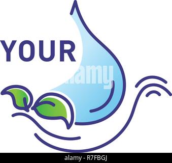Logo line Vector Illustration eines Tropfen Wasser und grüne Blätter Stock Vektor