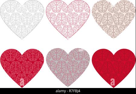 Silhouette der Herzen mit nahtloser Muster des Gehirns im Inneren, in verschiedenen Farben. Postkarte, Hintergrund für eine Seite, eine Seite über Liebe und Verstand Stock Vektor