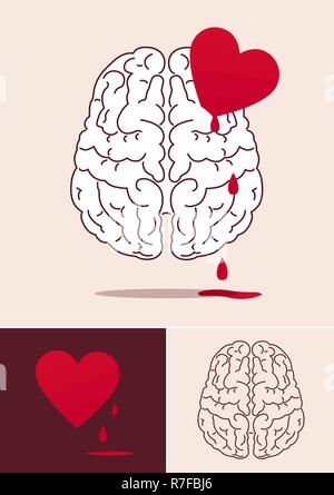 Psychologische Konzept des Gehirns durch das Herz gebrochen und das Herz mit Tropfen Blut. Stock Vektor