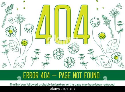 Vector Illustration Fehler 404 Seite mit floralen Elementen auf weißem Hintergrund. Gebrochene Webseite Grafik Design. Nicht kreativ Vorlage gefunden. Stock Vektor