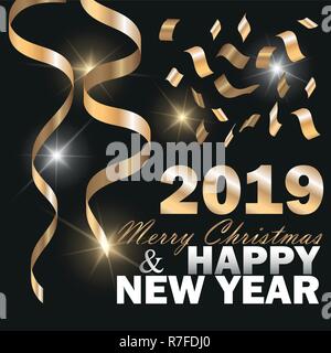 Vector 2019 Neues Jahr schwarzer Hintergrund mit Gold Curling Stream. Festliche design Stock Vektor