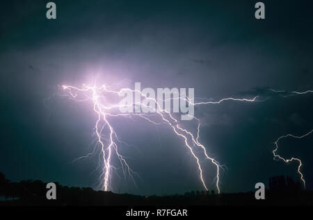 Mehrere mehrfache, verzweigte und gegabelte Blitzschläge treffen von einem schweren Gewitter zwischen Leiden und Gouda in den Niederlanden auf die Erde Stockfoto