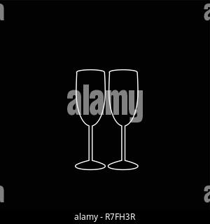 Weißer umriss Silhouette von Paar Champagner oder Wein Gläser auf schwarzem Hintergrund. Cheers Symbol. Zerbrechliche oder Verpackung Glas Symbol, Zeichen, Clipart. Monoc Stock Vektor