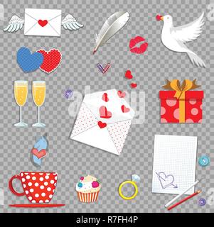 Happy Valentinstag cartoon Symbole gesetzt auf transparentem Hintergrund isoliert. Liebe Urlaub. Valentine oder Hochzeit Sammlung Elemente für die Grußkarte, Sc Stock Vektor