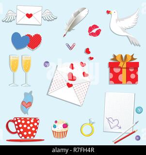 Happy Valentines Tag cartoon Symbole auf weißem Hintergrund. Liebe Urlaub. Valentine oder Hochzeit Sammlung Elemente für die Grußkarte, scrapbo Stock Vektor