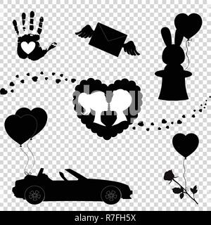 Happy Valentines Tag schwarze Symbole Silhouette auf Transparenten Hintergrund isoliert. Liebe Urlaub. Valentine oder Hochzeit Sammlung Elemente für greetin Stock Vektor