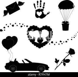 Liebe Vector Icons Set von 7 editierbare gefüllt Valentine silhouette Zeichen auf weißem Hintergrund. Herzen, Ballons, Rose, küssen paar, nur Marrie Stock Vektor