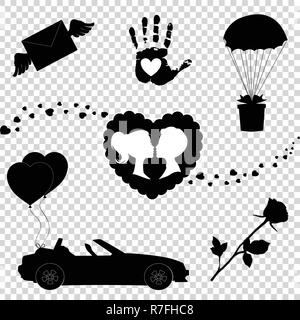 Liebe Vector Icons Sammlung von 7 editierbare gefüllt Valentines silhouette Schilder auf transparenten Hintergrund. Herzen, Ballons, Rose, küssen paar, nur m Stock Vektor