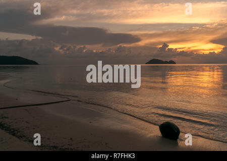 Sonnenuntergang am Strand von Koh Phangan mit Kokos Thailand Stockfoto