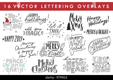 Sammlung von Hand gezeichnet Vektor Schriftzug Angebot für Weihnachten und das neue Jahr Karten und Dekor, auf weißem Hintergrund. Stock Vektor
