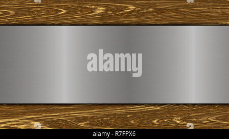 Poliertes Metall Platte auf Holz Hintergrund. Abbildung. Stockfoto