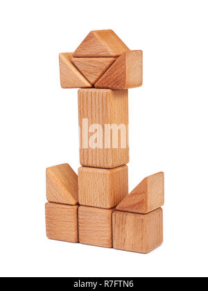 Foto Holz- Konstruktor von kleine Würfel, Dreiecke, Bälle und andere Formen der Buche auf weißem Hintergrund isoliert. Holz- Konstruktor, in der f gefaltet Stockfoto