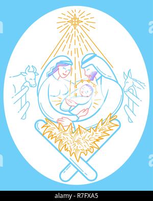 Bibel Szene Abbildung: die Geburt Jesu Christi. Heilige Familie. Frohe Weihnachten Symbol in linearen Stil Stock Vektor
