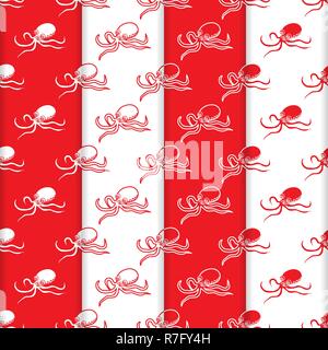 Satz 4 Vector nahtlose Muster mit Kraken. Meer Einwohner. Tiere unter Wasser. Design für die Verpackung, Stoff, marine Hintergrund drucken. Stock Vektor