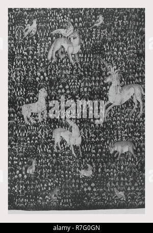Millefleurs Boden mit lockig-Maned Pferd, Leopard, Fox, ram (?), Hirsche, Kaninchen und Vögel Stockfoto