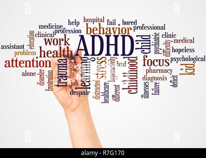 Adhs - Aufmerksamkeitsdefizit-/Hyperaktivitätsstörung, Word cloud und Hand mit Marker Konzept auf weißem Hintergrund. Stockfoto