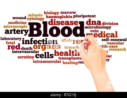 Blut Wort cloud hand Konzept Schrift auf weißen Hintergrund. Stockfoto