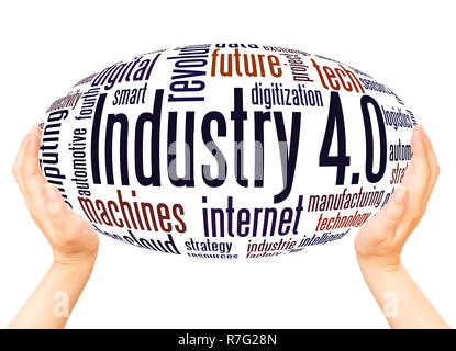 Industrie 4.0 word Cloud Hand Kugel Konzept auf weißem Hintergrund. Stockfoto