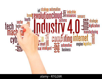 Industrie 4.0 word Cloud hand Konzept Schrift auf weißen Hintergrund. Stockfoto