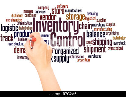 Inventory Control Word cloud hand Konzept Schrift auf weißen Hintergrund. Stockfoto