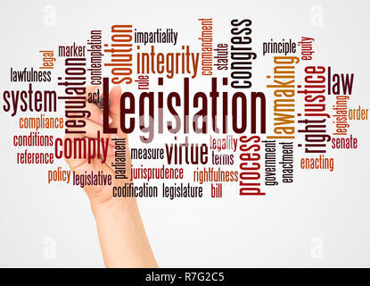 Rechtsvorschriften Wort cloud und Hand mit Marker Konzept auf weißem Hintergrund. Stockfoto
