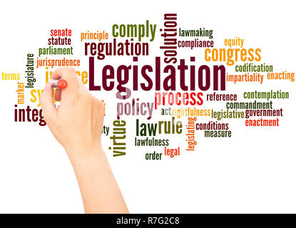 Rechtsvorschriften Wort cloud hand Konzept Schrift auf weißen Hintergrund. Stockfoto