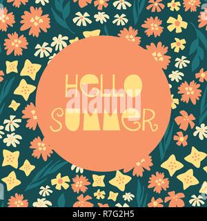 Hallo Sommer illustrierte feminine Vektor banner collage Stil mit Text, bunten verschiedenen Blumen Beige Blau Blaugrün gelb orange Hintergrund für saisonale Grußkarten-Design, Frauen, Mädchen, Web veröffentlichen Stock Vektor