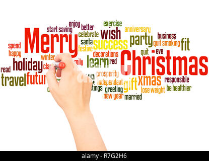 Frohe Weihnachten Wort cloud hand Konzept Schrift auf weißen Hintergrund. Stockfoto