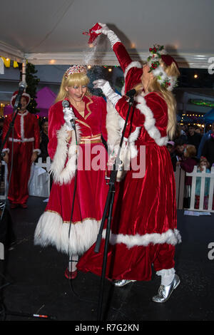 Melodie Burke als Mistel mit Donna Maria als Miss Weihnachten und David Waddington als Merry in Wimbledon Winter Wunderland am 2. Dezember 2018 Stockfoto