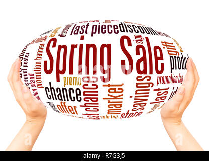 Frühling Verkauf word Cloud Hand Kugel Konzept auf weißem Hintergrund. Stockfoto