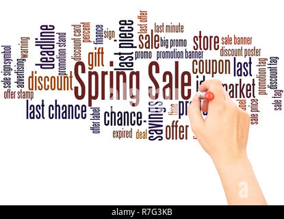 Frühling Verkauf word Cloud hand Konzept Schrift auf weißen Hintergrund. Stockfoto
