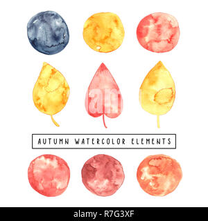 Sammlung von Aquarell Herbst orange und gelbe Blätter, abstrakte Aquarell malen Formen. Stockfoto