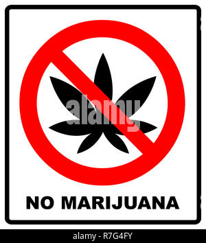 Verbotsschild Symbol Keine cannabis Abbildung isoliert auf weiss mit einem schwarzen Blatt von Marihuana, Marihuana. Rot verbot Warnsymbol Stockfoto