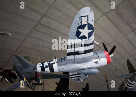 Weltkrieg 2 Republik P-47 Thunderbolt Fighter an der Amerikanischen War Museum, Duxford, Cambridgeshire, Großbritannien Stockfoto