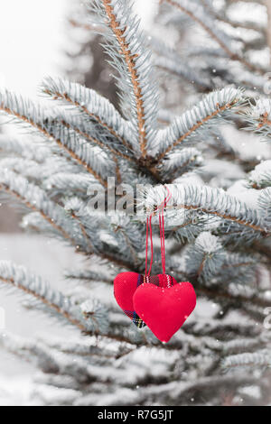 Zwei rote Herzen hängende Textilien an verschneiten Tannen-Zweig, Weihnachten und Valentinstag gruss Konzept, getönt Stockfoto