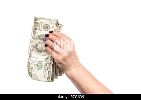 Zerknitterte Geld in weiblicher Hand Stockfoto