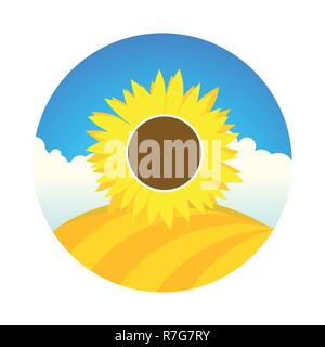 Bauernhof Feld mit Sonnenblumen - Vektor Emblem runde Form der Landschaft mit Cartoon Stil mit blauem Himmel und Sonne Blume. Stock Vektor