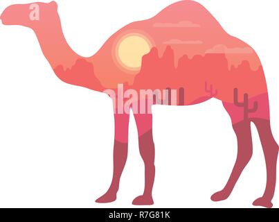 Vector Illustration eines Kamels Symbol. Palmen, Wüste Hintergrund. Stock Vektor