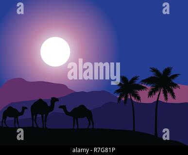 Vector Illustration der Wüste bei Nacht. Kamele, Palmen, Natur Hintergrund. Stock Vektor