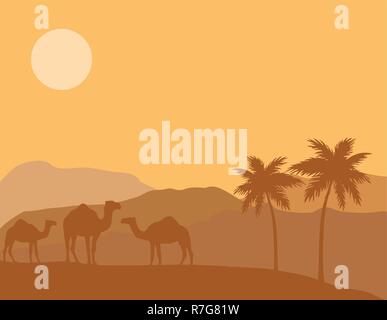 Vector Illustration der Wüste Hintergrund. Tierische Wort, Kamele und Palmen Natur Hintergrund. Stock Vektor
