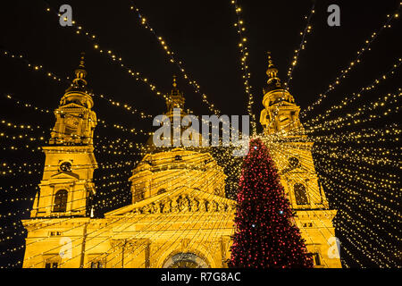 Budapest Advent, Basilika und Weihnachten Baum bei Nacht Stockfoto