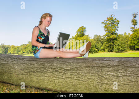 Junge holländische Frau sitzt auf Baumstamm in der Natur Arbeiten am Laptop Stockfoto