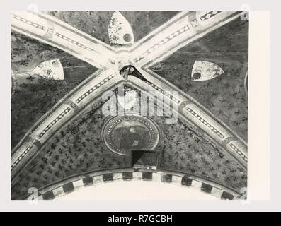 Toskana Siena Asciano Casa Corboli, dies ist mein Italien, die italienische Land des Visual History, weltliche Gebäude aus dem 13.-14. Jh.. Im Oratorium sind Fresken aus dem 4 Jahreszeiten und andere weltliche Szenen. Antiquitäten 2. polychrome Mosaik, mascaron oder mögliche Brunnen. Zwei Pflaster Mosaiken im Untergeschoss des Gebäudes. Sie haben geometrische Muster mit verknüpften Kreisen und pflanzliche Rosetten. Vier Stern, Dreieck und Zunge und Dart Motive sind in der Grenze entfernt. Plätze, die von Solomon's Knoten verknüpft. Zunge und Dart Stockfoto