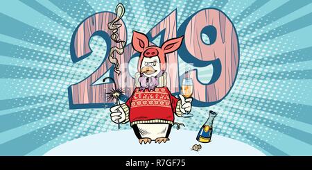 2019 Frohes neues Jahr. Pinguin in einem fancy dress Schwein. Comic cartoon Pop Art retro Vektor illustration Zeichnung Stock Vektor