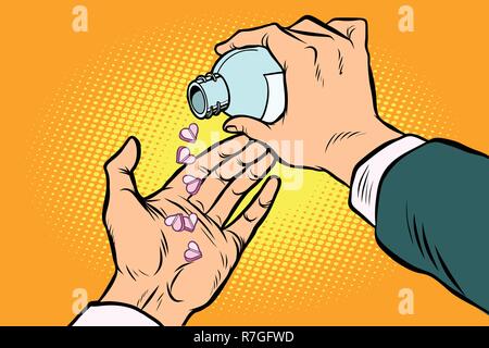 Hand gießt Pillen Herzen. Comic cartoon Pop Art retro Vektor illustration Zeichnung Stock Vektor