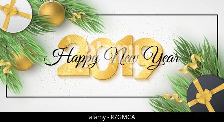 Frohes Neues Jahr 2019 Web Banner. Zahlen von golden glänzt. Tannenbaum mit Geschenkbox, Weihnachten goldene Kugeln, Serpentine. Moderne festliche Design. Vektor Stock Vektor