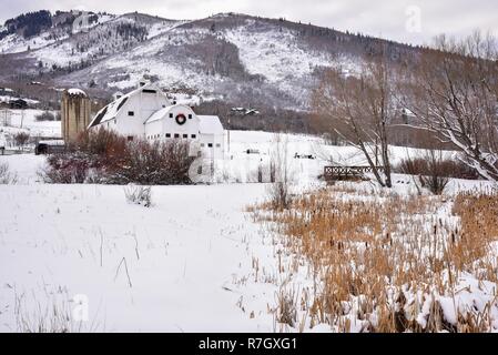 Weiß Molkerei Scheune mit Weihnachten Kranz in eine verschneite Wiese in Park City, UT. Stockfoto