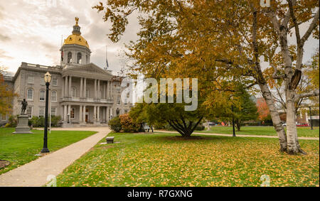 Fallen Blätter auf dem Rasen an der Landeshauptstadt Gebäude von New Hampshire an der Übereinstimmung Stockfoto