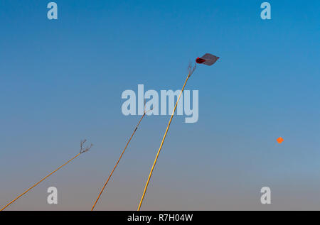 Versuch, einen Drachen mit einem Gegabelten Stock auf einen Freitag Abend an der Spitze eines Hügels, Kabul, Provinz Kabul, Afghanistan zu fangen Stockfoto